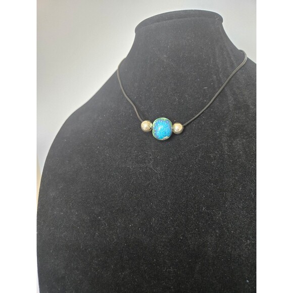 Black Corded Necklace with Peacock Bead Silver Tone Adjustable Length - Picture 3 of 8